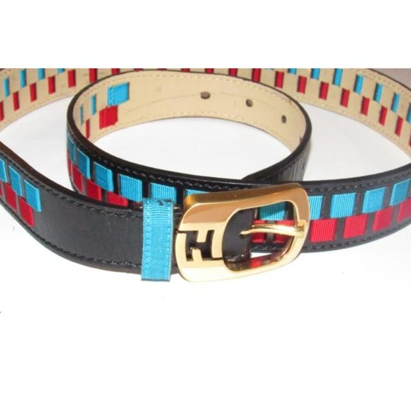 FENDI Black Red Aqua Blue Gold Leather Gold Buckle main image 9